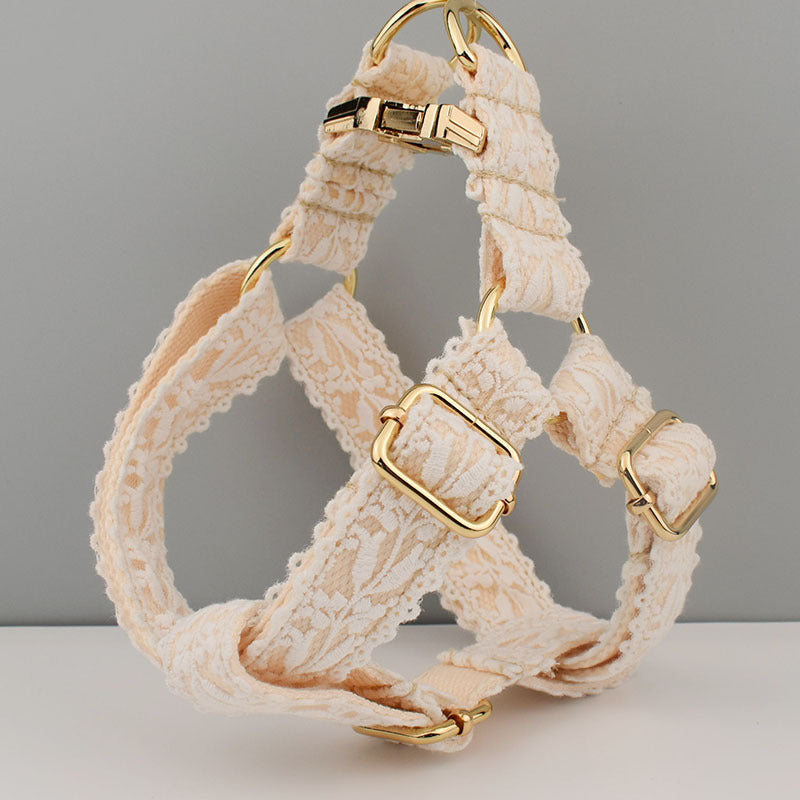 Luxe Lace Dog Harness & Leash Set – Soft Lace with Gold Buckle