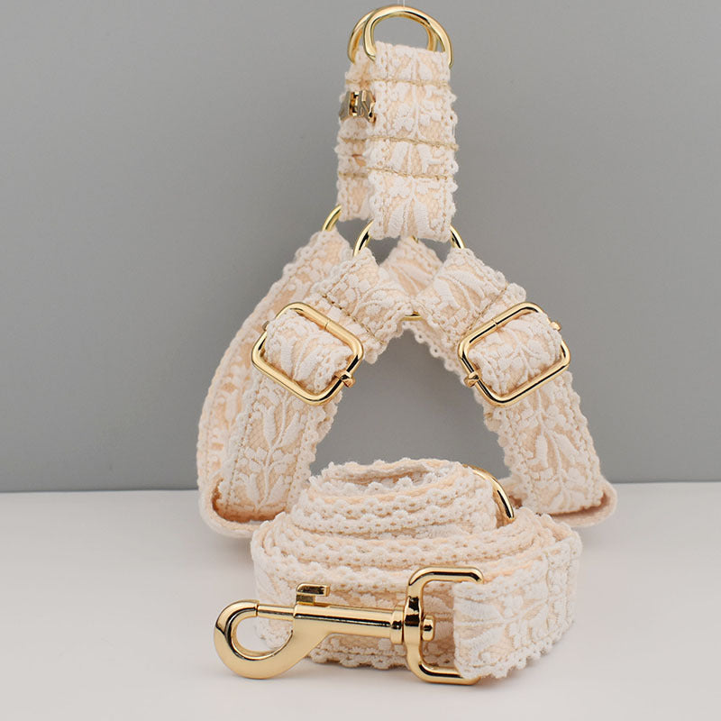 Luxe Lace Dog Harness & Leash Set – Soft Lace with Gold Buckle