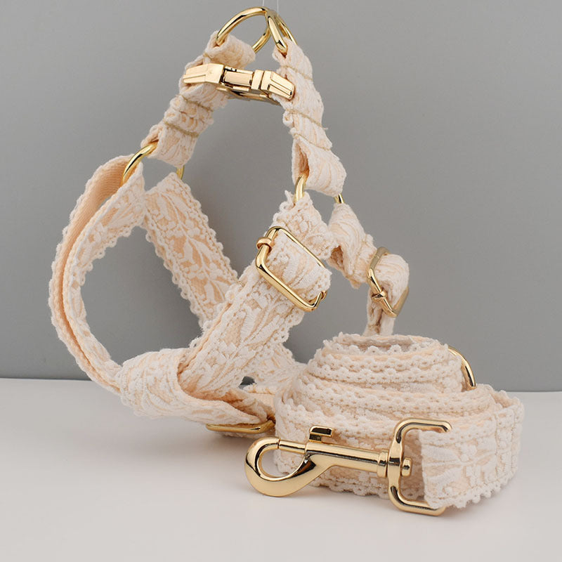 Luxe Lace Dog Harness & Leash Set – Soft Lace with Gold Buckle