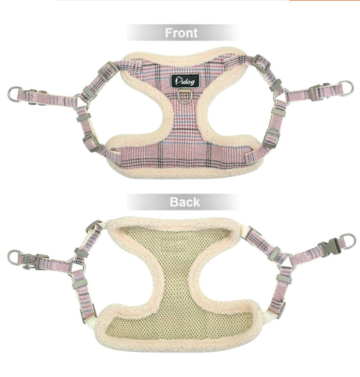 Cozy Plaid Fleece Dog Harness & Leash Set – Soft Padded, Adjustable, No-Pull Comfort