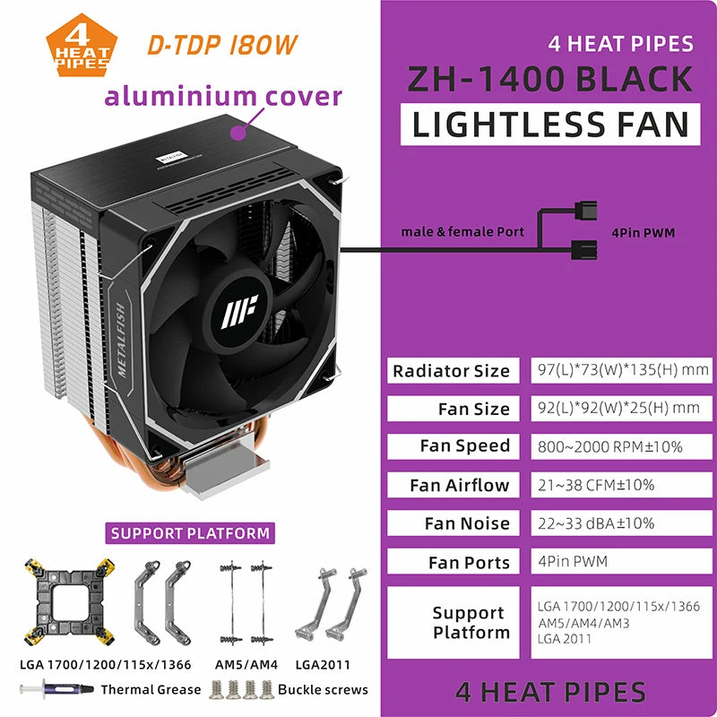 METALFISH ARGB CPU Cooler — Silent PWM Tower Radiator (Intel & AMD Compatible)