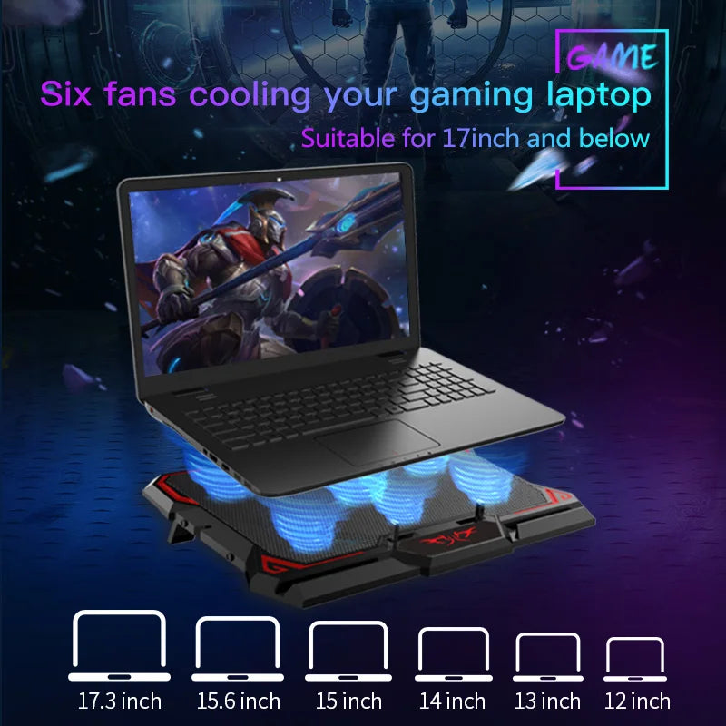COOLCOLD 17" Gaming Laptop Cooling Pad — 6 Fans, LED Display, Dual USB, Adjustable Stand