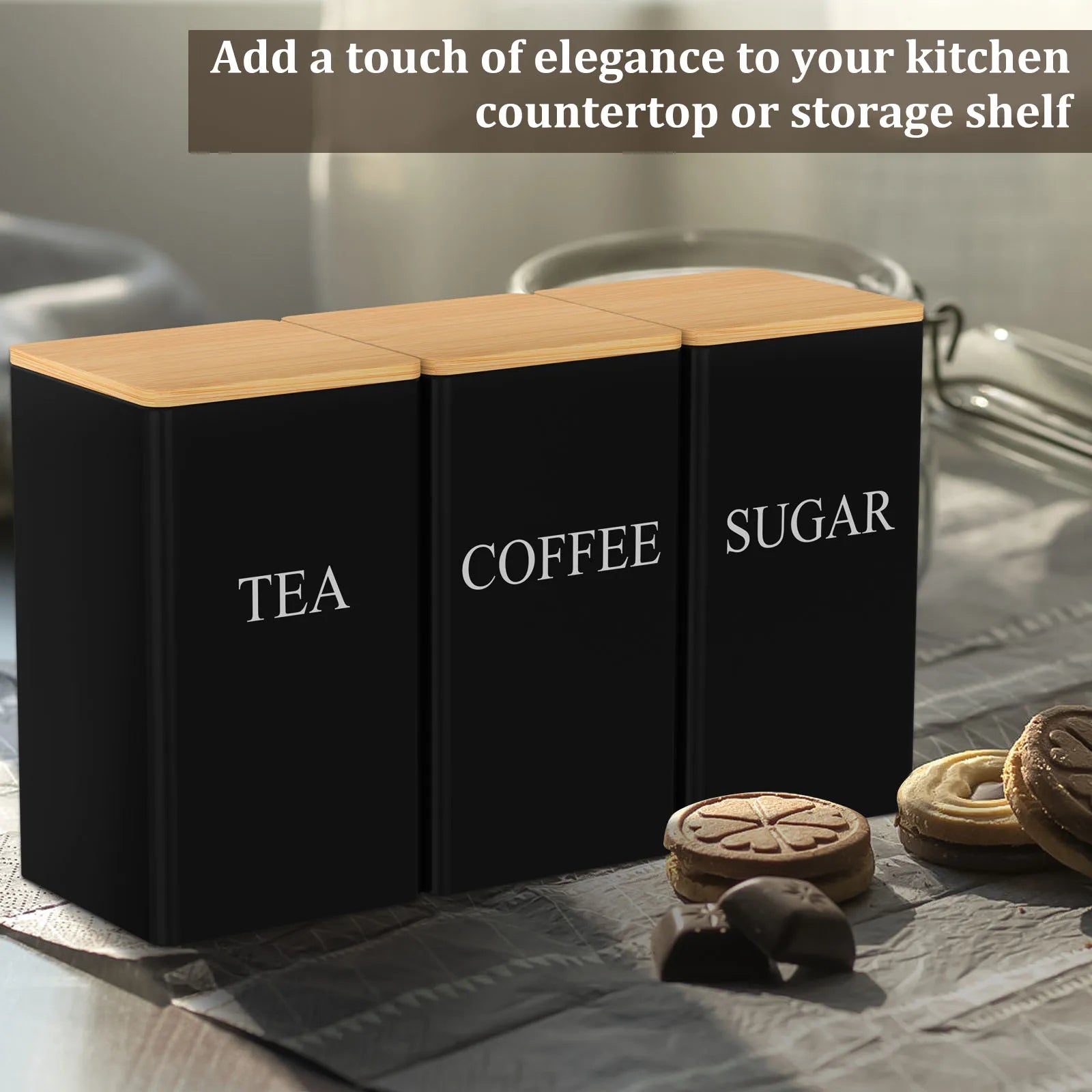 Airtight Coffee, Tea & Sugar Jar - Luxury Metal Canister with Bamboo Lid for Freshness