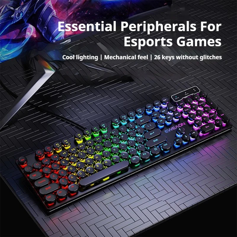 EWEADN GX330 Retro Typewriter Keyboard | 104-Key RGB Backlit Wired Keyboard with Round Punk Keycaps for PC & Laptop