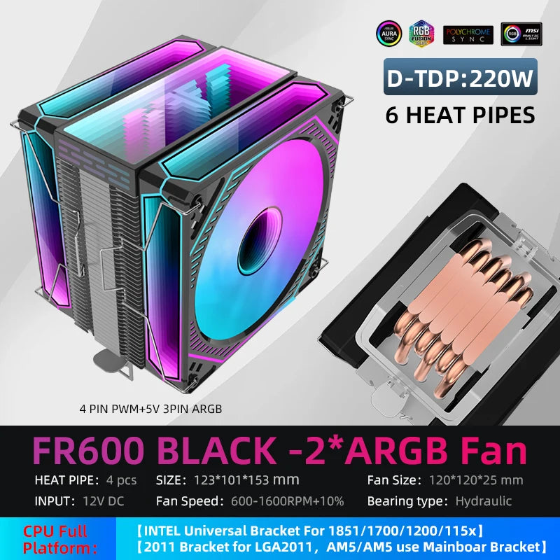 MetalFish FR600 Infinity Mirror ARGB CPU Air Cooler | 6 Heat Pipes | 153mm Tower | 120mm PWM Fan