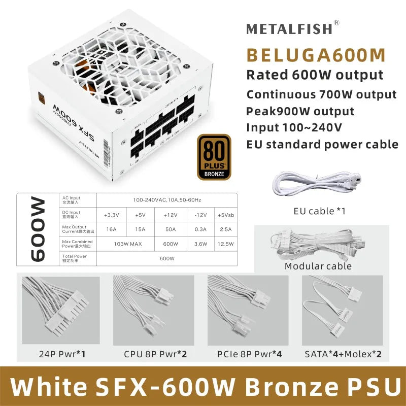 METALFISH SFX 500W / 600W White Full-Modular 80+ Bronze PSU | Silent Mini ITX Power Supply (100–240V)
