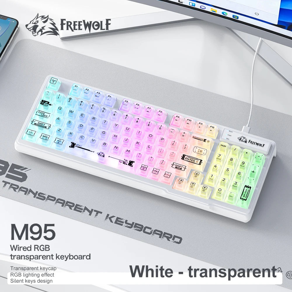 FREEWOLF M95 Silent RGB Gaming Keyboard | Wired Transparent Backlit Ergonomic Keyboard for Laptop & PC