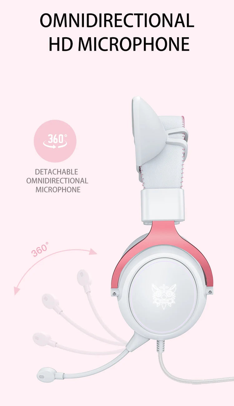 Onikuma RGB Cat Ear Gaming Headset – Pink Noise Cancelling Headphones with Mic & LED Lights