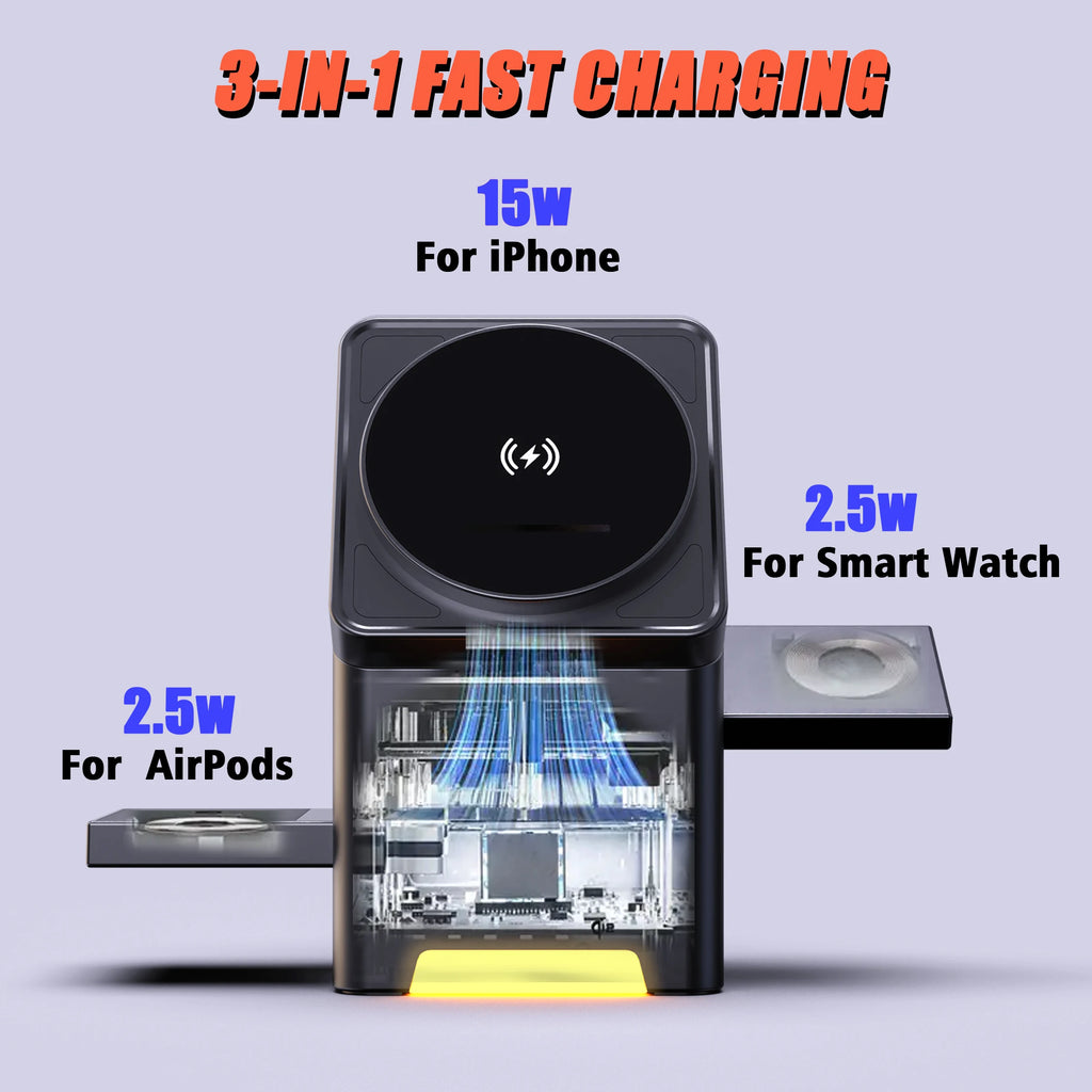 3-in-1 Automatic Rotating 15W Fast Wireless Charger – Pop-Up Dock for iPhone, Apple Watch & AirPods | Foldable Travel Charging Station