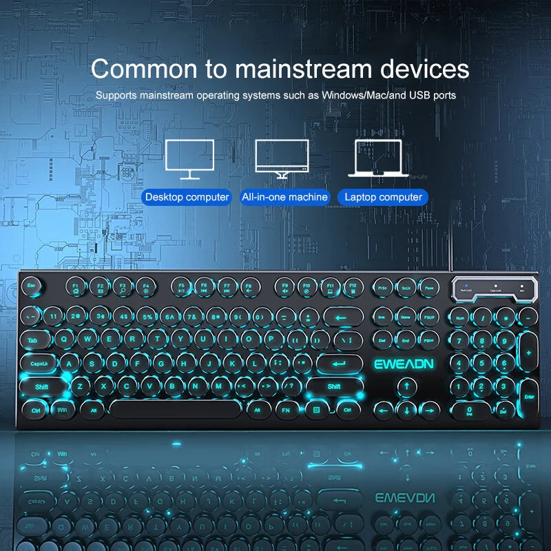 EWEADN GX330 Retro Typewriter Keyboard | 104-Key RGB Backlit Wired Keyboard with Round Punk Keycaps for PC & Laptop