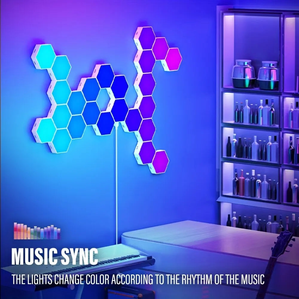 RGB Hexagon Wall Light Panels | Smart Color-Changing Modular Lamp with APP & Music Sync for Gaming Room, Bedroom, and Decor