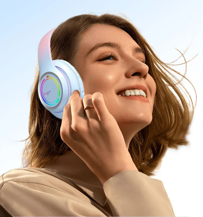 Gradient Color Luminous Wireless Headset | Bluetooth Headphones with Mic, SD Card Slot & RGB Lighting for Gaming, Music & Calls