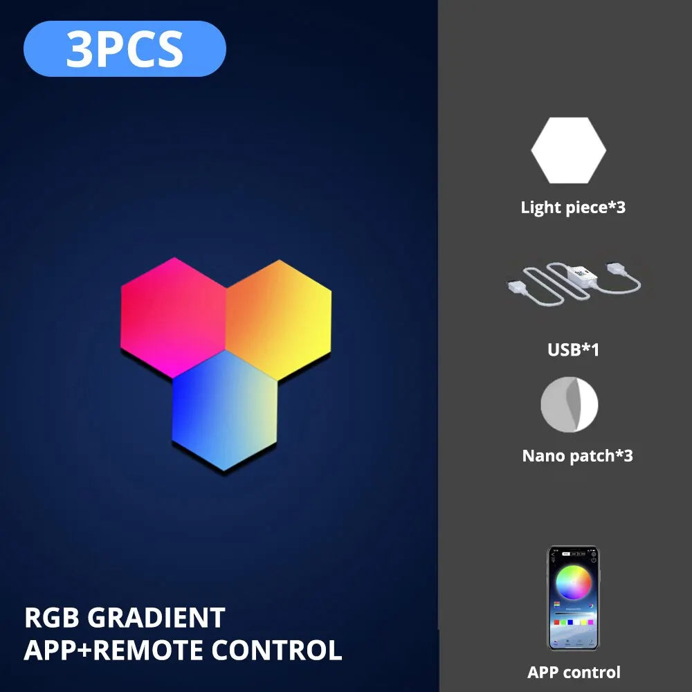 RGB Hexagon Wall Light Panels | Smart Color-Changing Modular Lamp with APP & Music Sync for Gaming Room, Bedroom, and Decor