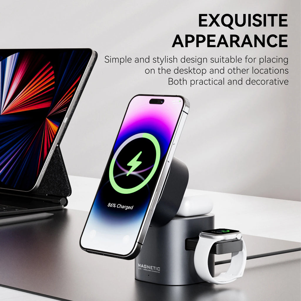 3-in-1 Magnetic Wireless Charger Stand | 15W Fast Charging Dock for iPhone 12–16, Apple Watch, and AirPods | Foldable Desk Charging Station
