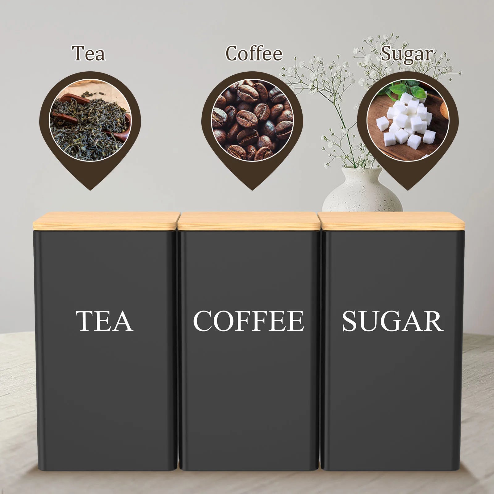 Airtight Coffee, Tea & Sugar Jar - Luxury Metal Canister with Bamboo Lid for Freshness