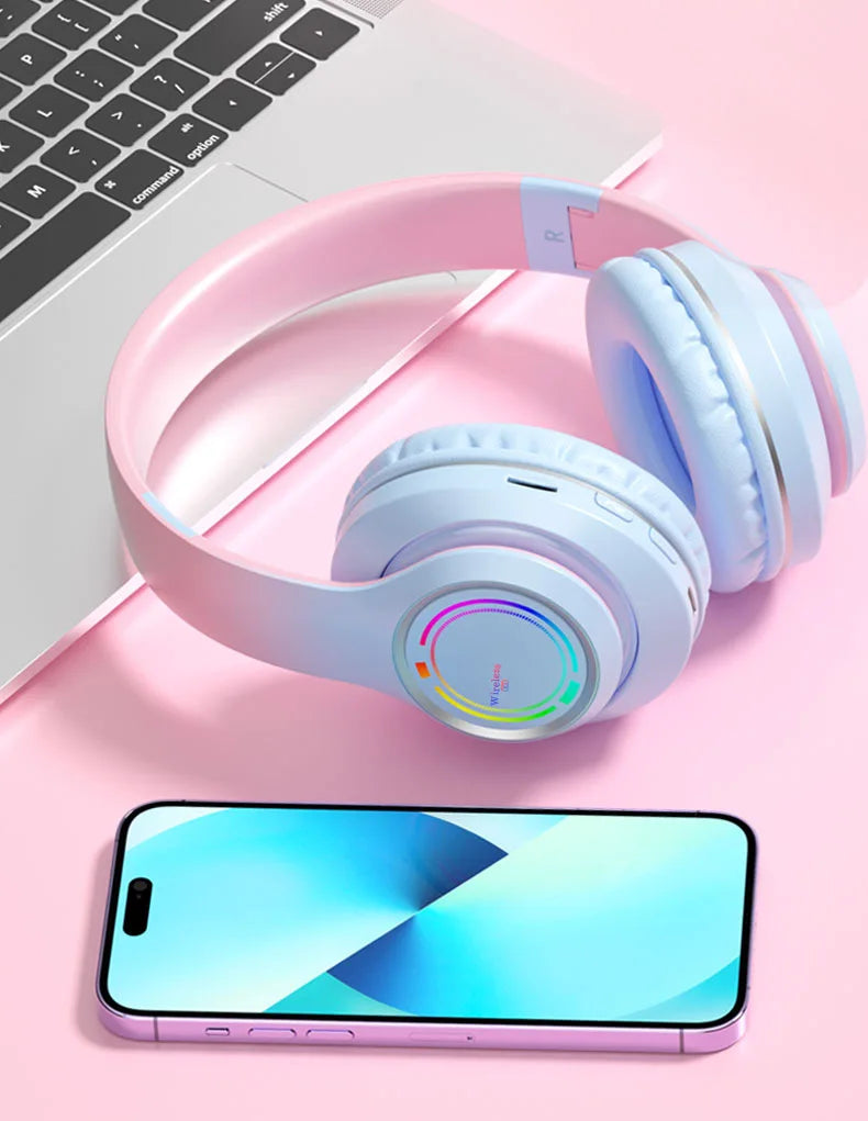 Gradient Color Luminous Wireless Headset | Bluetooth Headphones with Mic, SD Card Slot & RGB Lighting for Gaming, Music & Calls