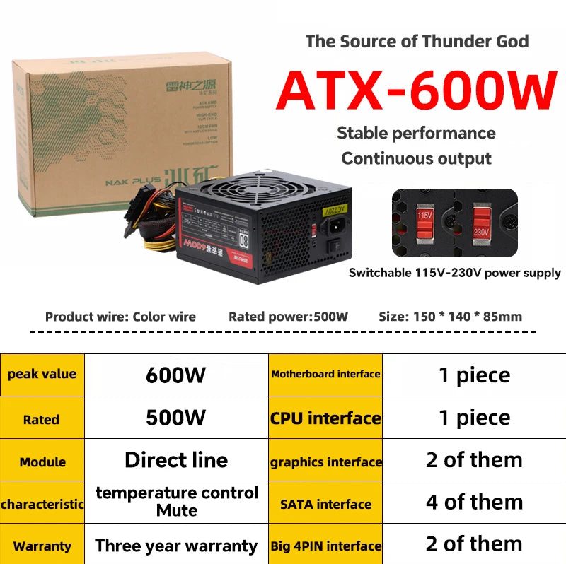ATX 650W Gaming Power Supply | 600W Rated Silent PSU with 120mm Fan for Desktop PC
