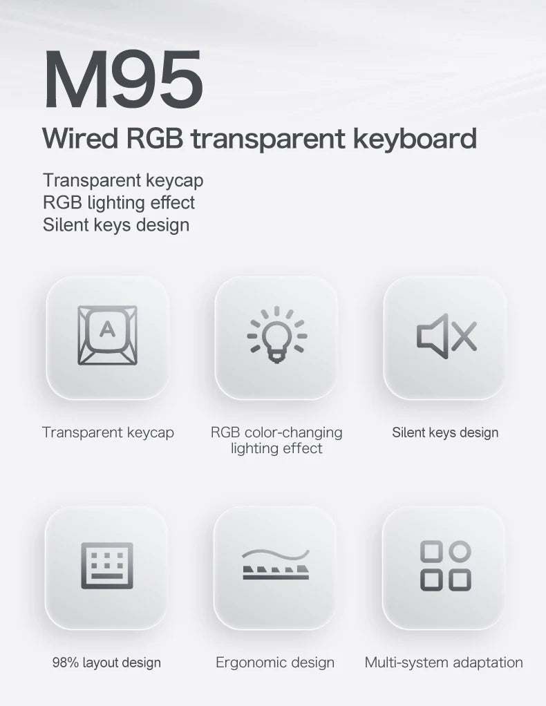 FREEWOLF M95 Silent RGB Gaming Keyboard | Wired Transparent Backlit Ergonomic Keyboard for Laptop & PC