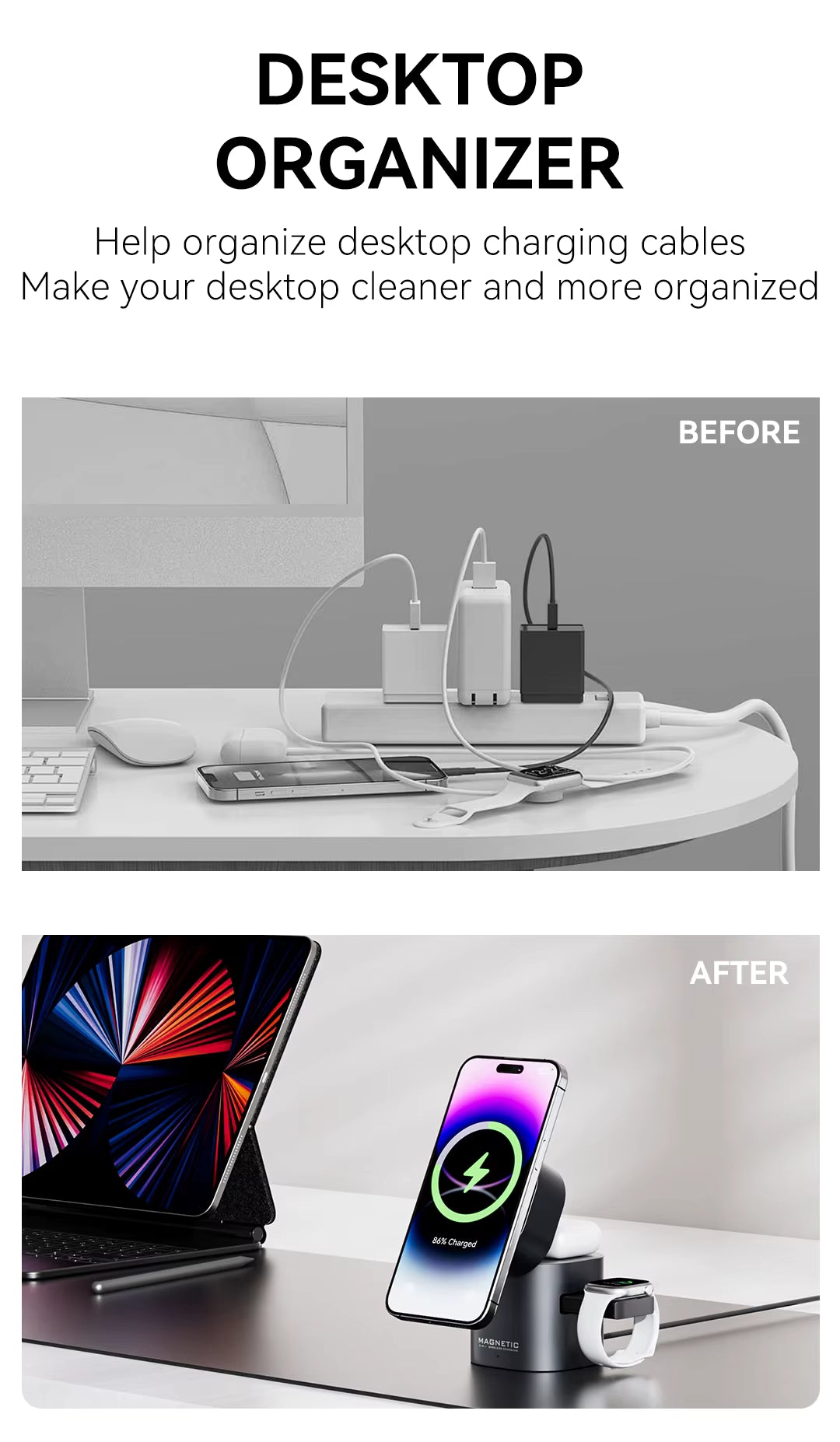 3-in-1 Magnetic Wireless Charger Stand | 15W Fast Charging Dock for iPhone 12–16, Apple Watch, and AirPods | Foldable Desk Charging Station