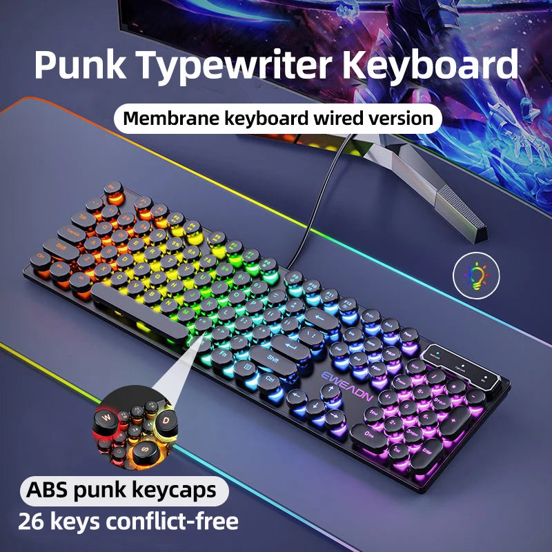 EWEADN GX330 Retro Typewriter Keyboard | 104-Key RGB Backlit Wired Keyboard with Round Punk Keycaps for PC & Laptop