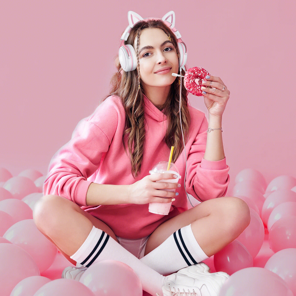Onikuma RGB Cat Ear Gaming Headset – Pink Noise Cancelling Headphones with Mic & LED Lights