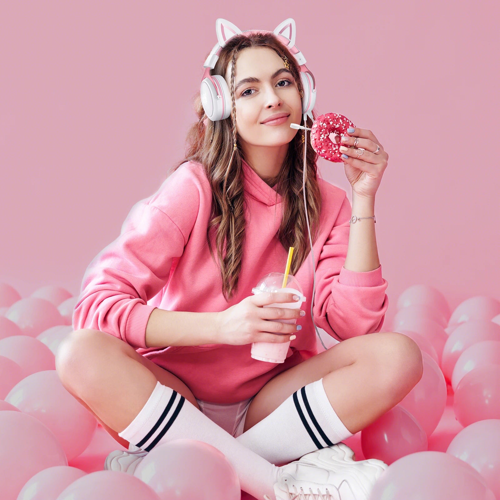 Onikuma RGB Cat Ear Gaming Headset – Pink Noise Cancelling Headphones with Mic & LED Lights