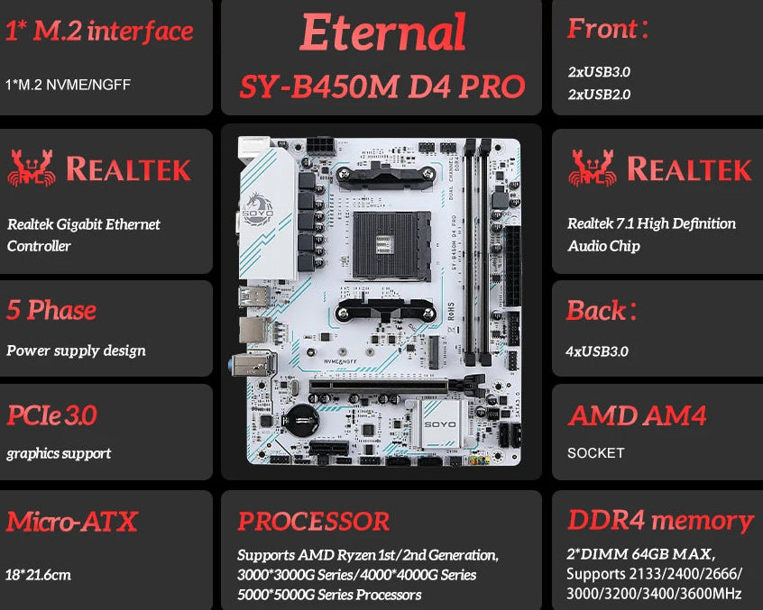 SOYO B450M Gaming Motherboard | AM4 Socket | DDR4 | NVMe M.2 | Supports AMD Ryzen 5600 CPU