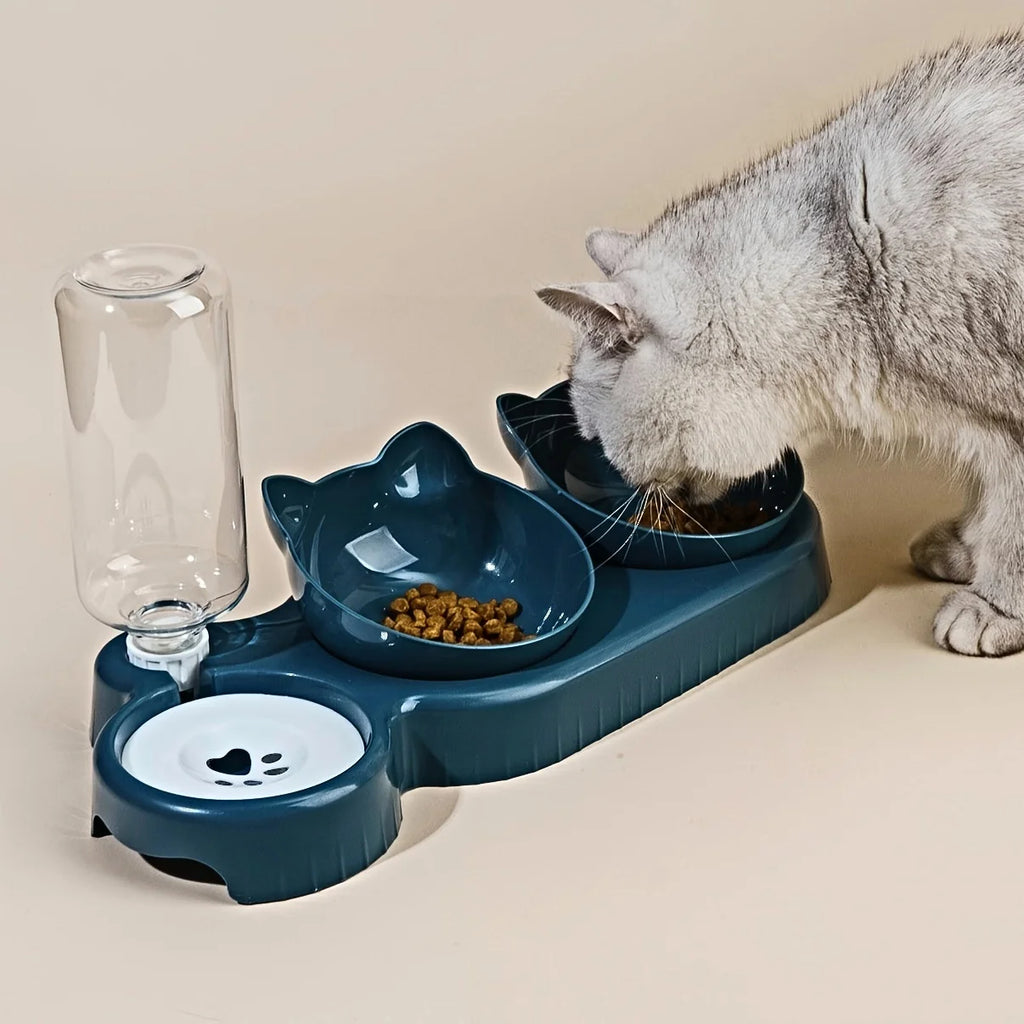 3-in-1 Cat Feeding Station with Water Dispenser & Tilted Food Bowls – Ergonomic, Spill-Proof Pet Bowl Set for Cats and Small Dogs