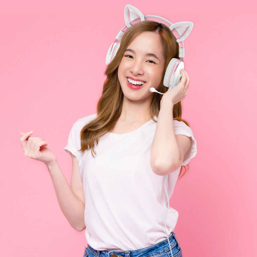 Onikuma RGB Cat Ear Gaming Headset – Pink Noise Cancelling Headphones with Mic & LED Lights