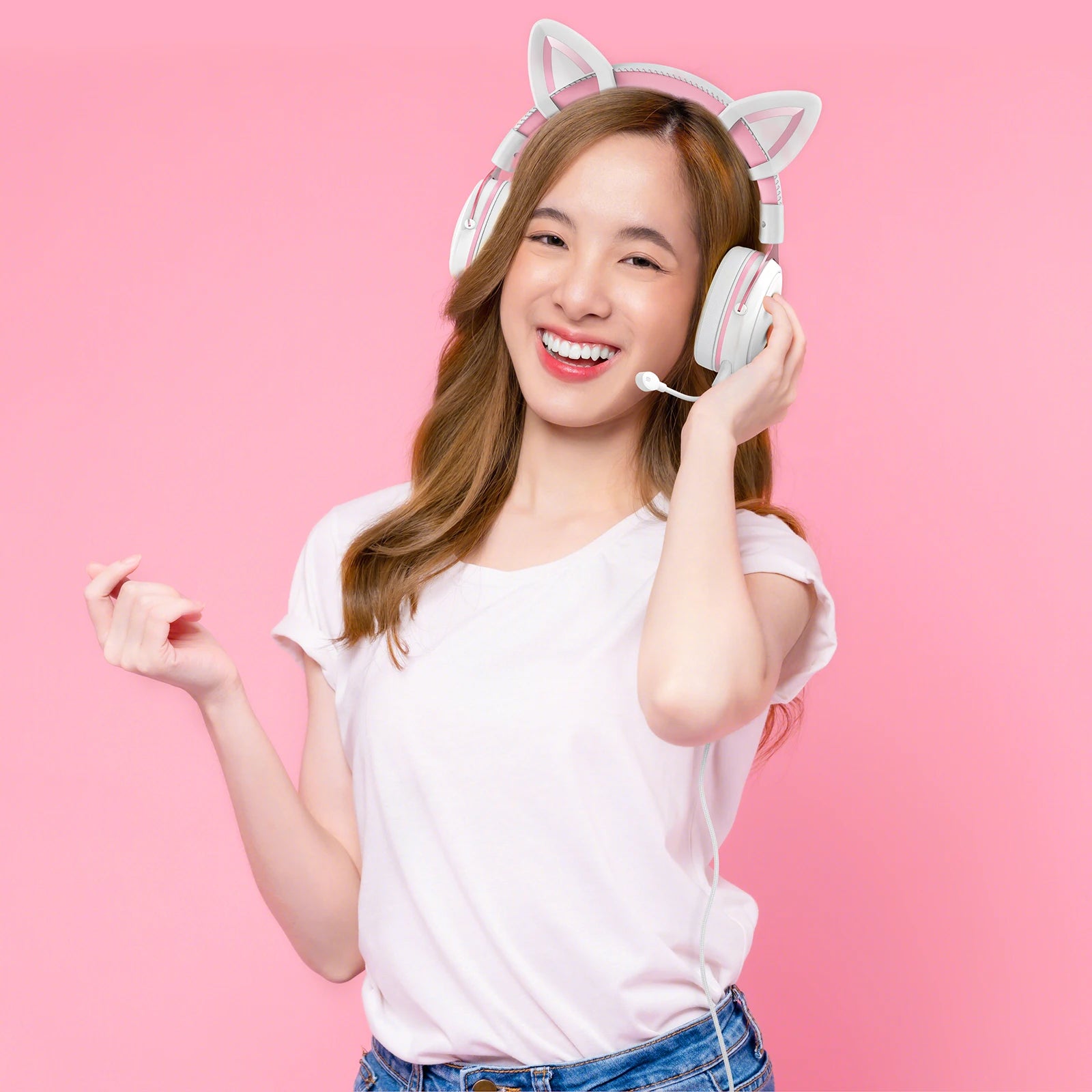 Onikuma RGB Cat Ear Gaming Headset – Pink Noise Cancelling Headphones with Mic & LED Lights