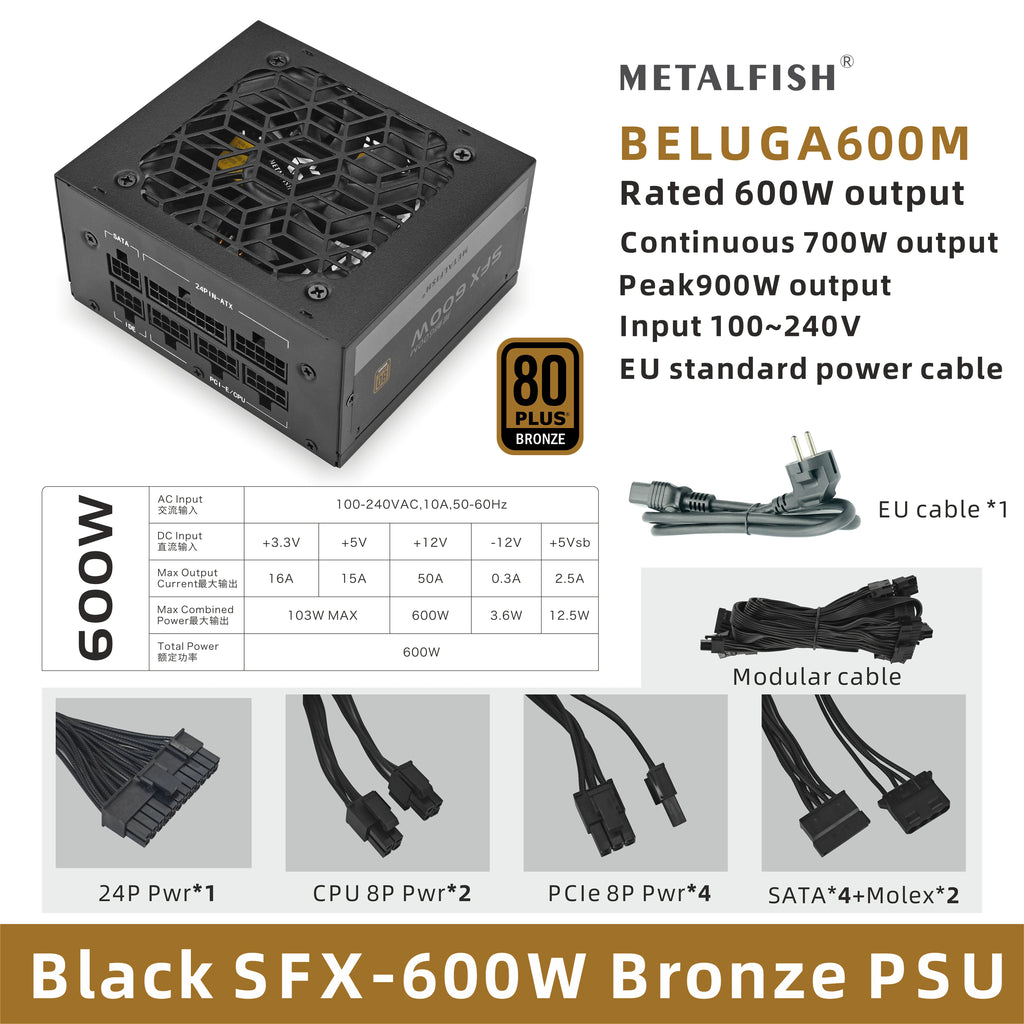 METALFISH SFX 500W / 600W Black Full-Modular 80+ Bronze PSU | Compact Silent Mini ITX Power Supply (100–240V)