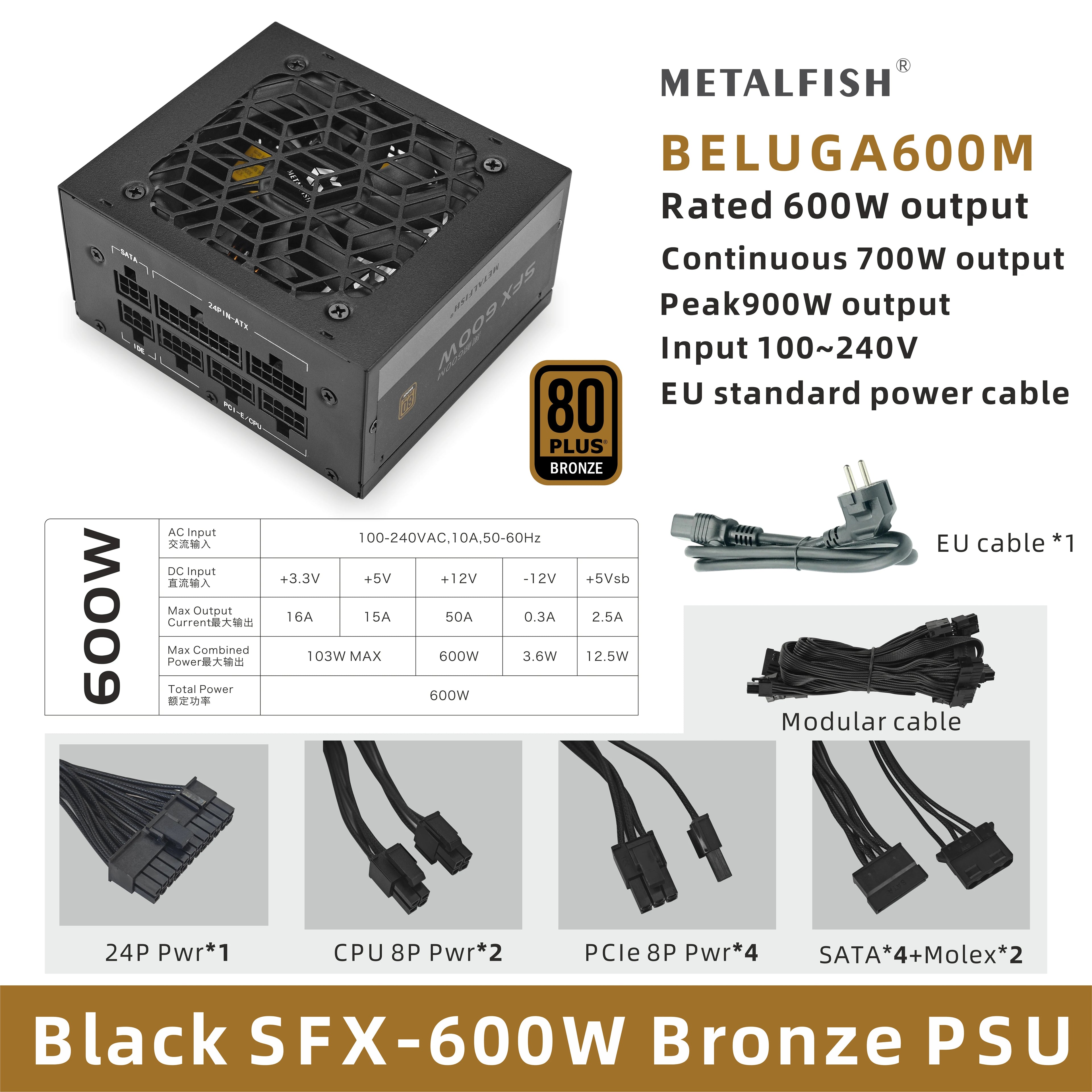 METALFISH SFX 500W / 600W Black Full-Modular 80+ Bronze PSU | Compact Silent Mini ITX Power Supply (100–240V)