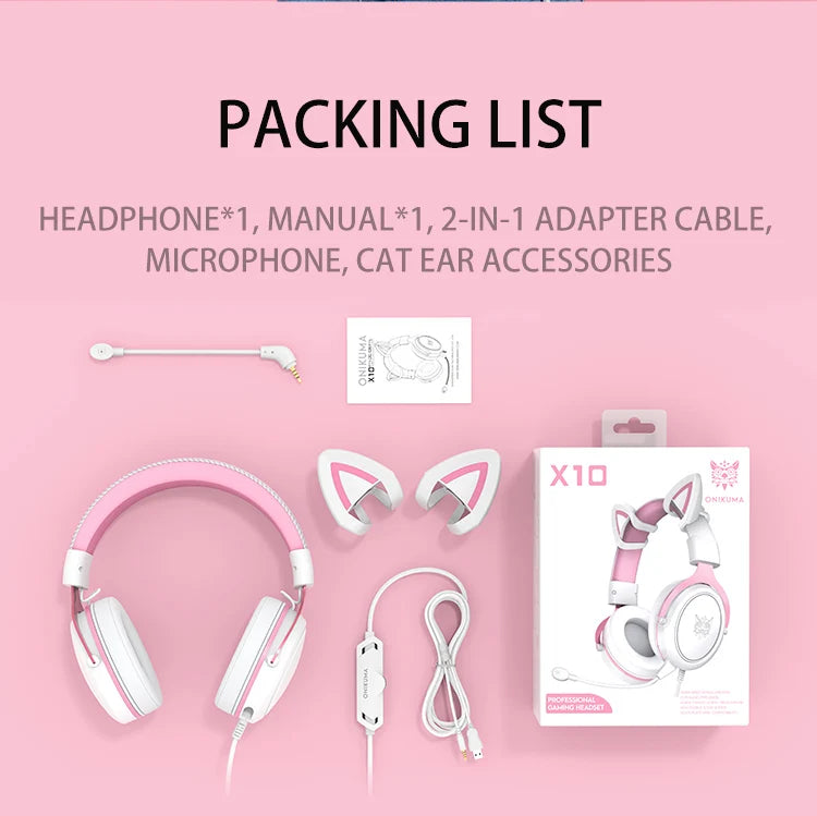 Onikuma RGB Cat Ear Gaming Headset – Pink Noise Cancelling Headphones with Mic & LED Lights