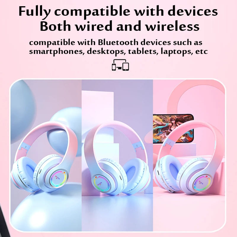 Gradient Color Luminous Wireless Headset | Bluetooth Headphones with Mic, SD Card Slot & RGB Lighting for Gaming, Music & Calls