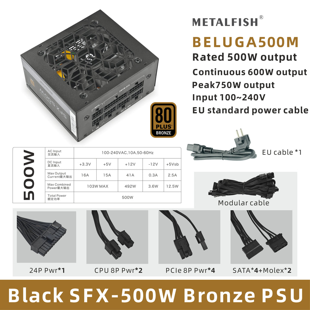 METALFISH SFX 500W / 600W Black Full-Modular 80+ Bronze PSU | Compact Silent Mini ITX Power Supply (100–240V)