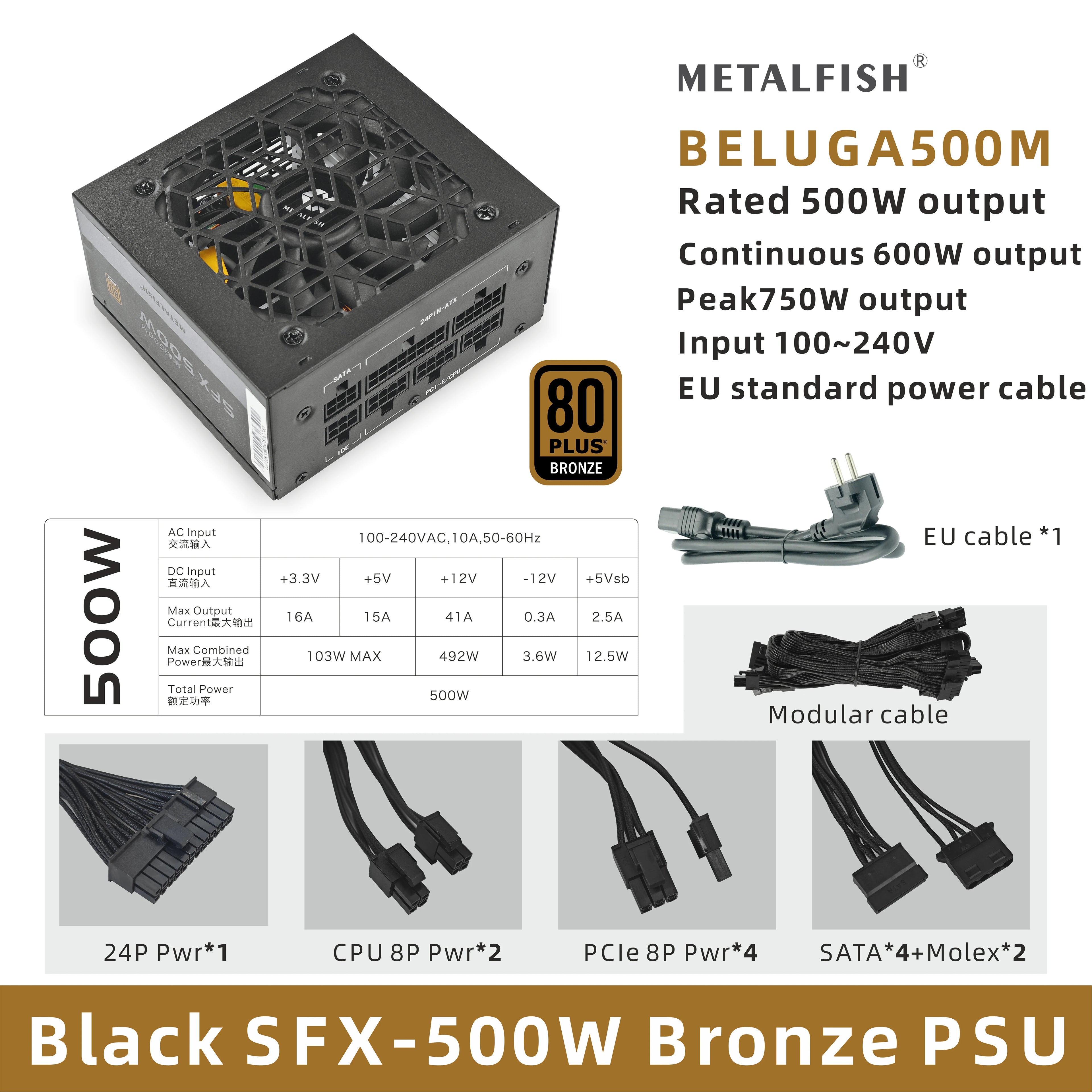 METALFISH SFX 500W / 600W Black Full-Modular 80+ Bronze PSU | Compact Silent Mini ITX Power Supply (100–240V)