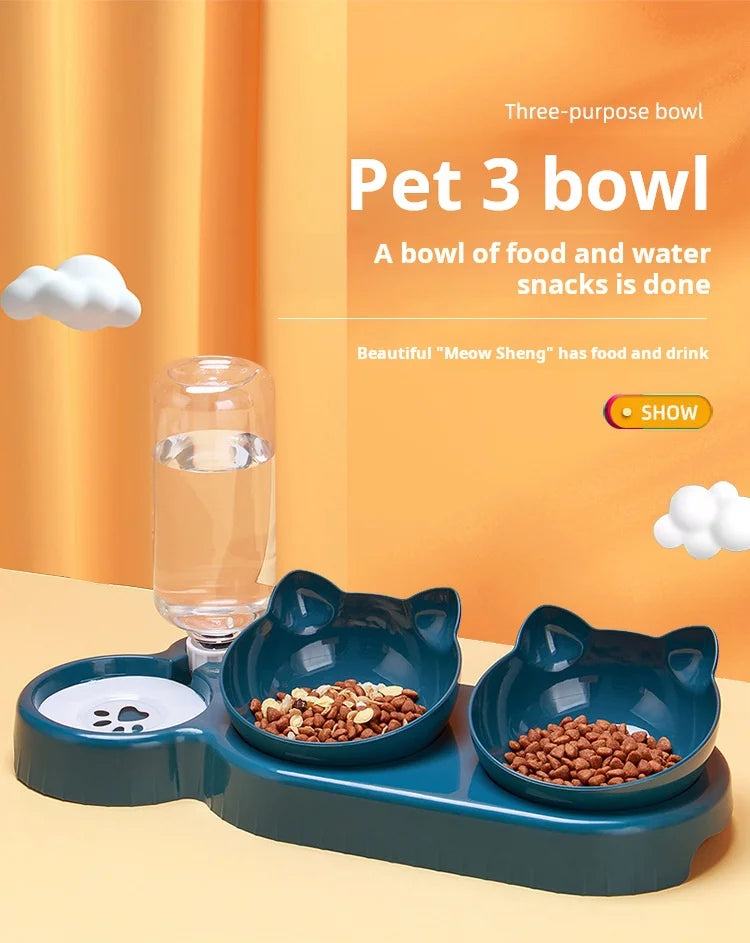 3-in-1 Cat Feeding Station with Water Dispenser & Tilted Food Bowls – Ergonomic, Spill-Proof Pet Bowl Set for Cats and Small Dogs