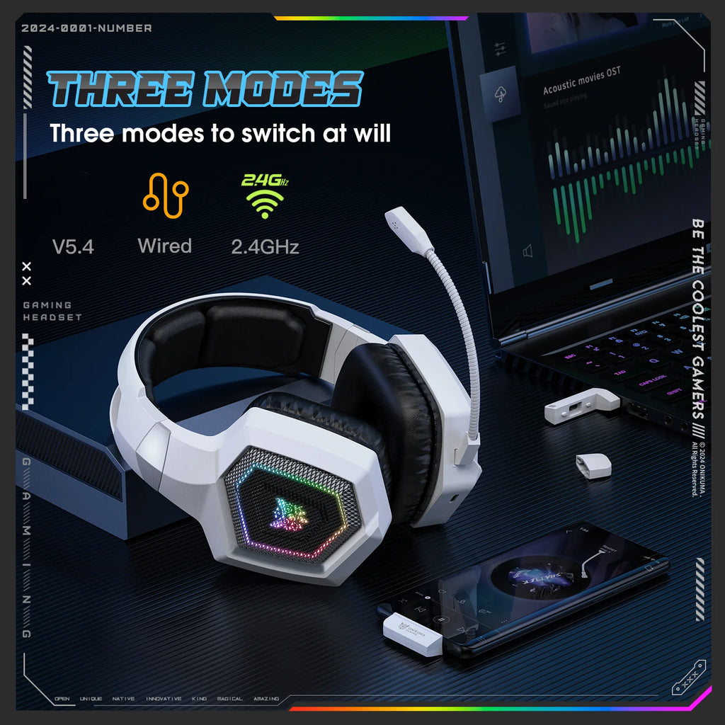 ONIKUMA GT806 Tri-Mode Wireless Gaming Headset with Detachable Mic | 2.4GHz, Bluetooth 5.3 & Wired Modes | RGB Lights, Noise-Cancelling, Deep Bass