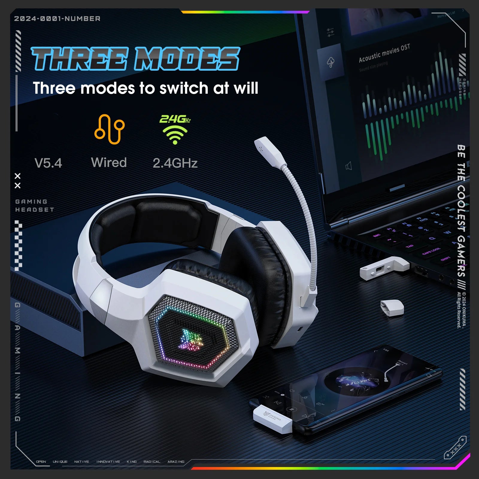 ONIKUMA GT806 Tri-Mode Wireless Gaming Headset with Detachable Mic | 2.4GHz, Bluetooth 5.3 & Wired Modes | RGB Lights, Noise-Cancelling, Deep Bass