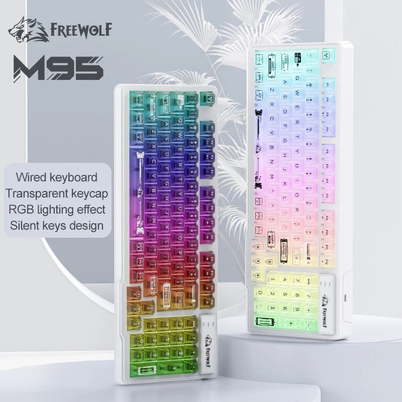 FREEWOLF M95 Silent RGB Gaming Keyboard | Wired Transparent Backlit Ergonomic Keyboard for Laptop & PC