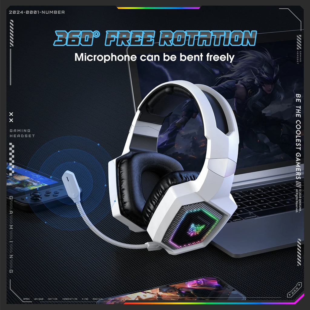 ONIKUMA GT806 Tri-Mode Wireless Gaming Headset with Detachable Mic | 2.4GHz, Bluetooth 5.3 & Wired Modes | RGB Lights, Noise-Cancelling, Deep Bass