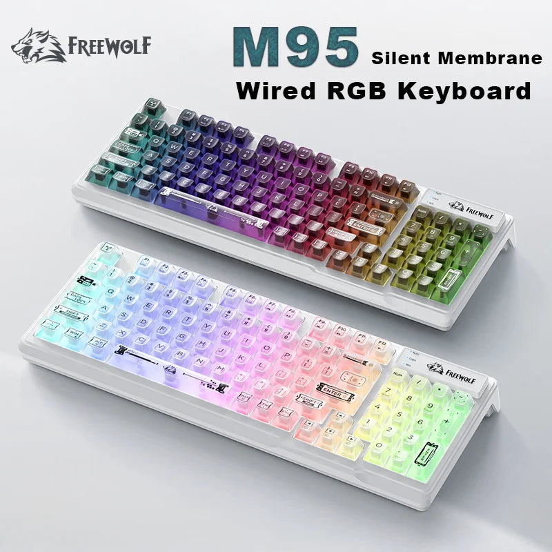 FREEWOLF M95 Silent RGB Gaming Keyboard | Wired Transparent Backlit Ergonomic Keyboard for Laptop & PC