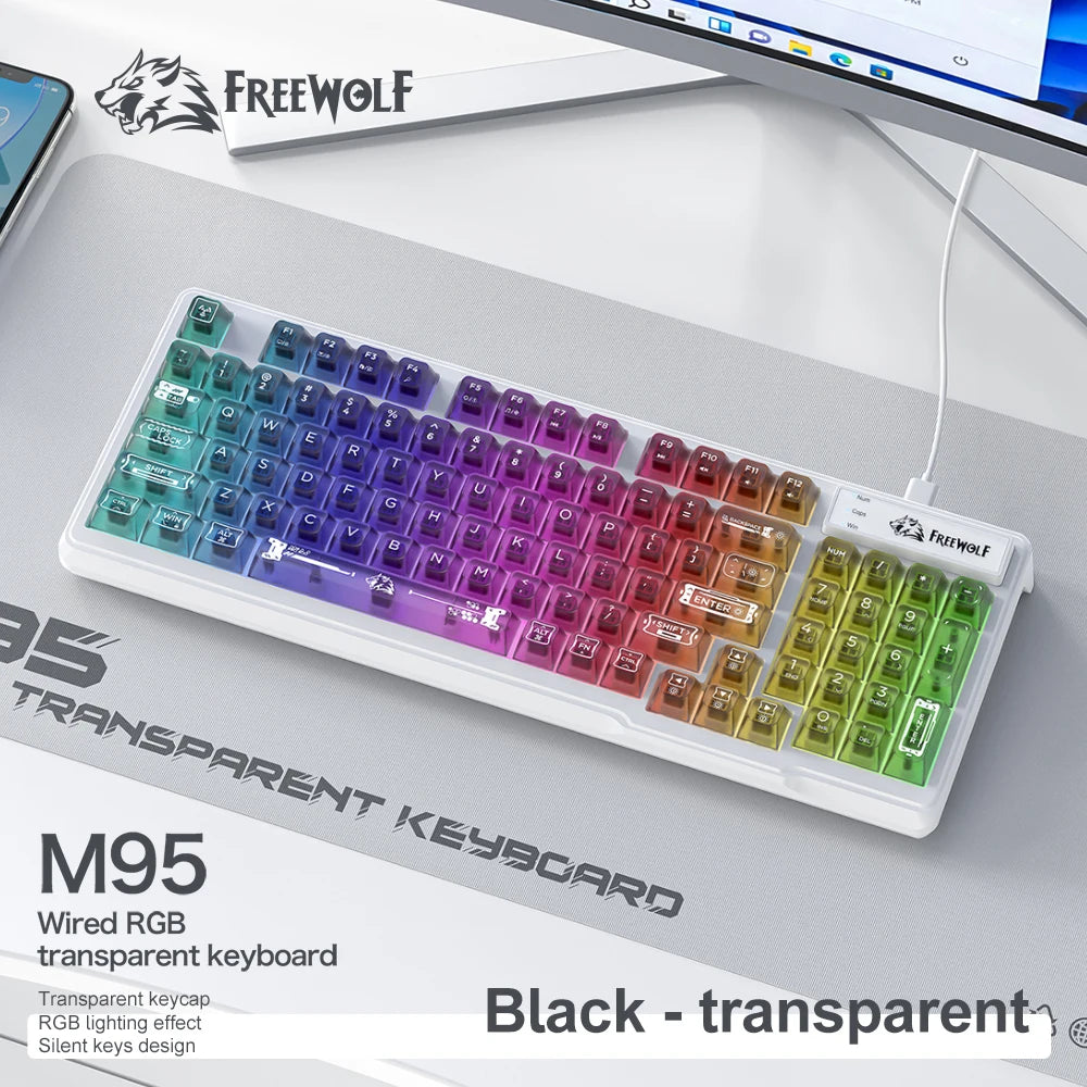 FREEWOLF M95 Silent RGB Gaming Keyboard | Wired Transparent Backlit Ergonomic Keyboard for Laptop & PC