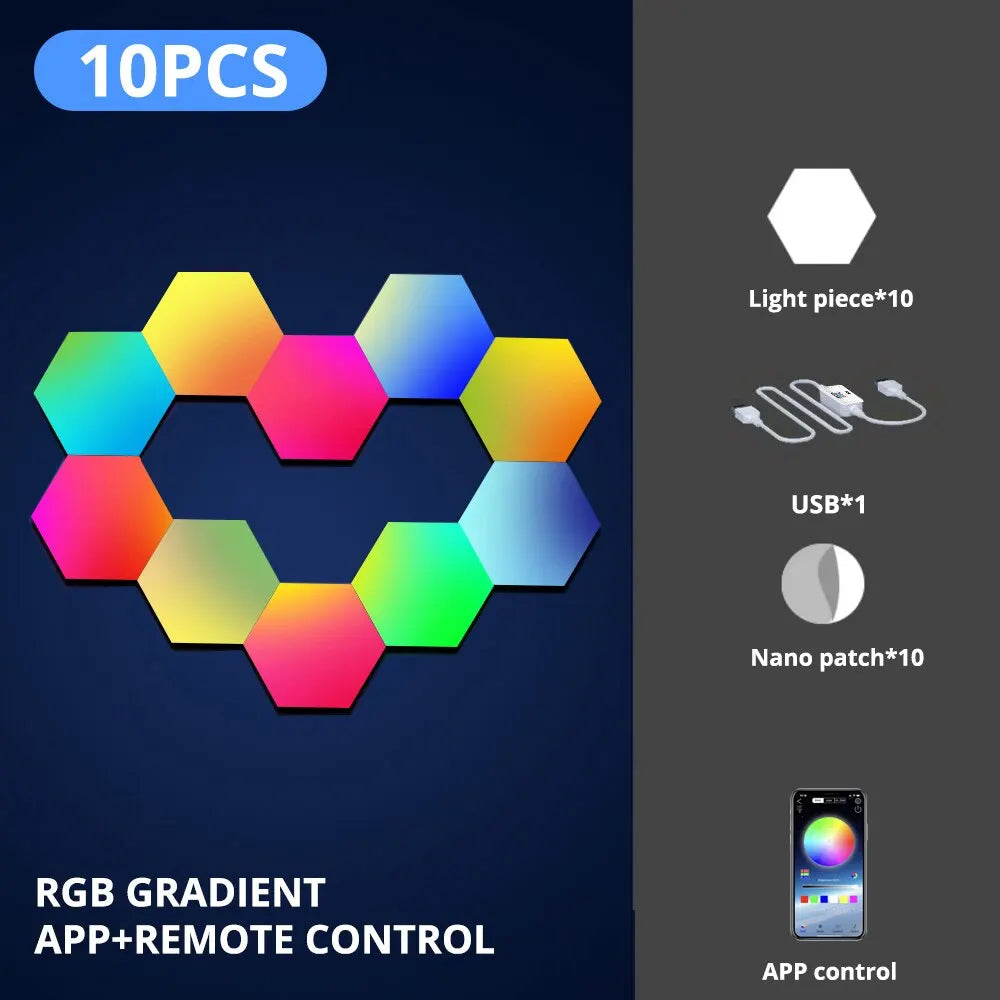 RGB Hexagon Wall Light Panels | Smart Color-Changing Modular Lamp with APP & Music Sync for Gaming Room, Bedroom, and Decor