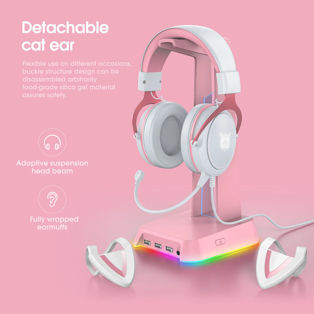 Onikuma RGB Cat Ear Gaming Headset – Pink Noise Cancelling Headphones with Mic & LED Lights