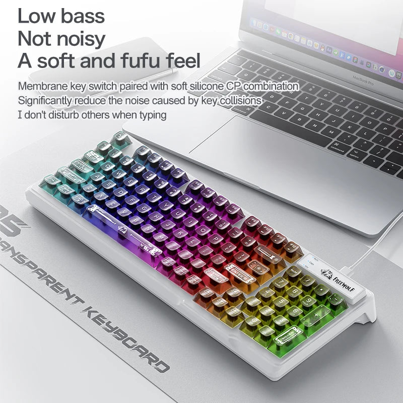 FREEWOLF M95 Silent RGB Gaming Keyboard | Wired Transparent Backlit Ergonomic Keyboard for Laptop & PC