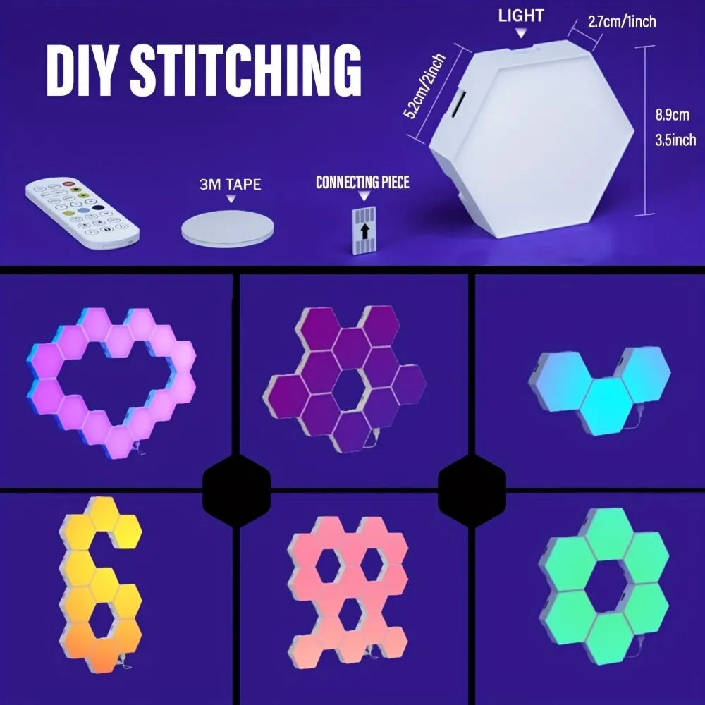 RGB Hexagon Wall Light Panels | Smart Color-Changing Modular Lamp with APP & Music Sync for Gaming Room, Bedroom, and Decor