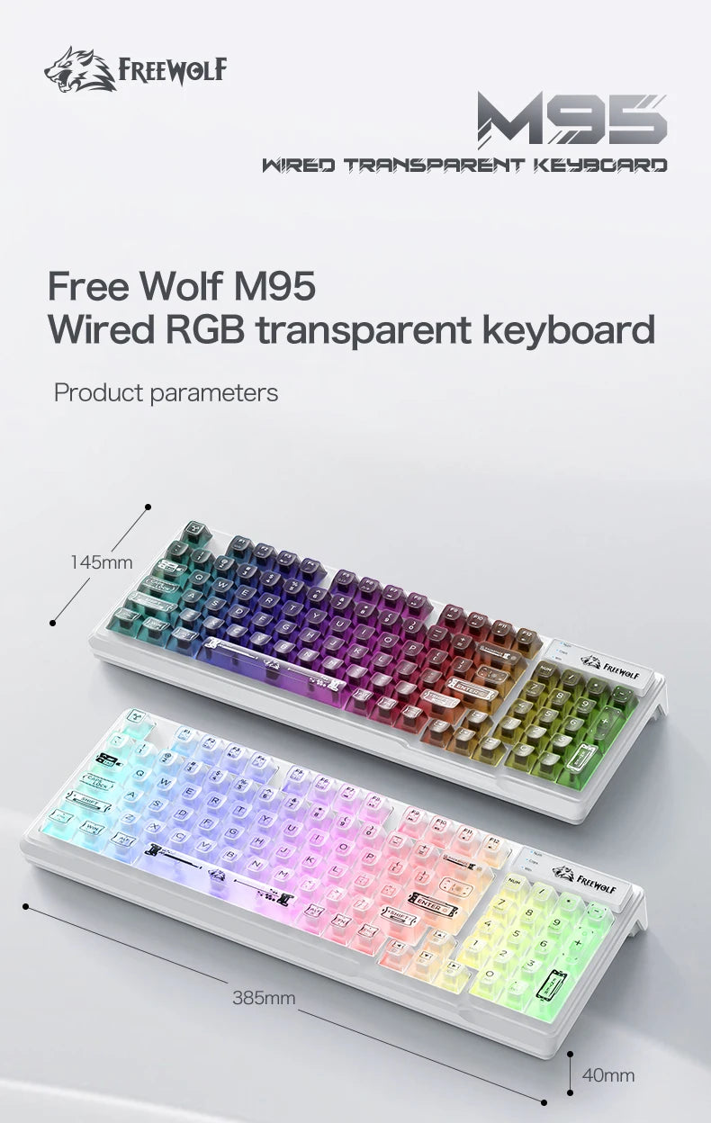 FREEWOLF M95 Silent RGB Gaming Keyboard | Wired Transparent Backlit Ergonomic Keyboard for Laptop & PC