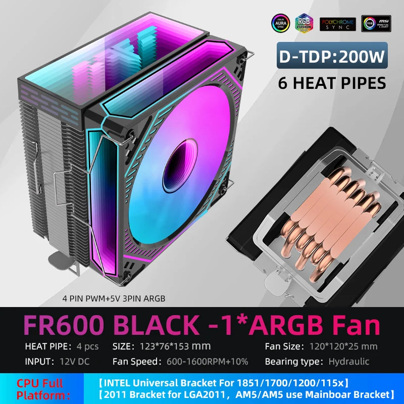 MetalFish FR600 Infinity Mirror ARGB CPU Air Cooler | 6 Heat Pipes | 153mm Tower | 120mm PWM Fan