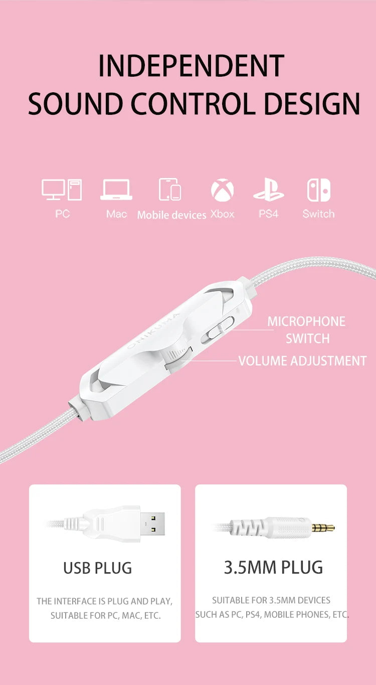 Onikuma RGB Cat Ear Gaming Headset – Pink Noise Cancelling Headphones with Mic & LED Lights